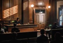 Judge presiding in a wood-paneled courtroom