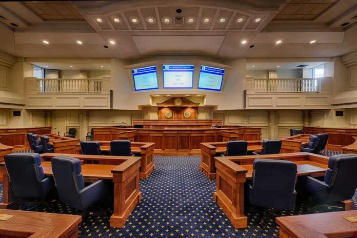 Courtroom interior with wooden benches and judge's bench