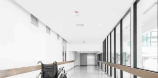 Wheelchair in a bright hospital corridor