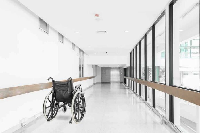 Wheelchair in a bright hospital corridor