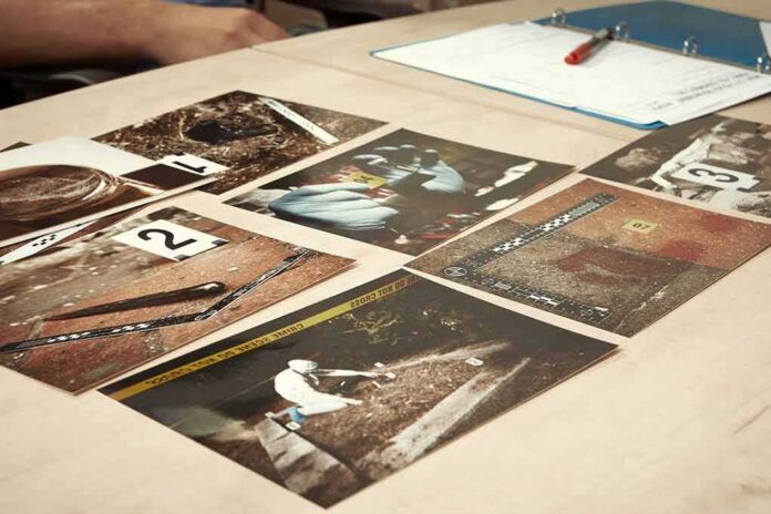 Crime scene photos laid out on a desk