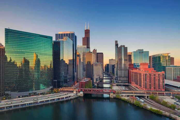 Chicago skyline along the river at sunset