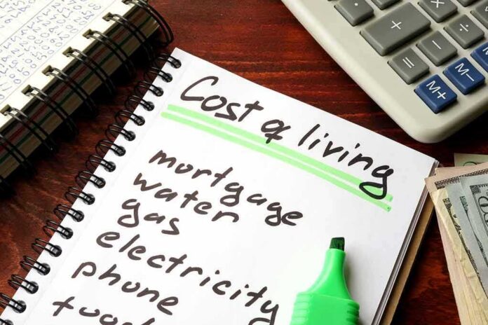 Budget notebook with cost of living list, calculator, and cash