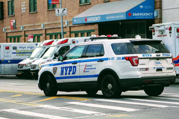 1403636321 Police car and ambulances outside emergency room entrance.