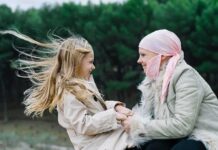 Woman in headscarf and girl holding hands outdoors