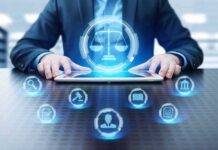 Texas Slams ChatGPT – Kids Locked Out? Businessperson using tablet with digital justice icons