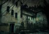 Abandoned mansion at night with one lit window