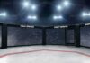 Empty MMA octagon under bright arena lights