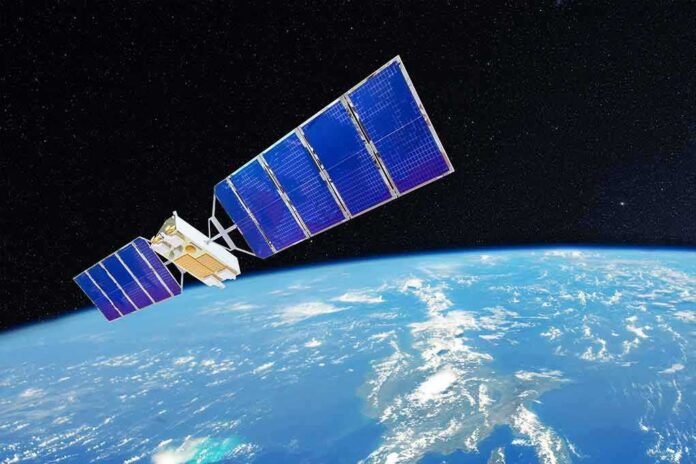 Satellite with blue solar panels orbiting Earth