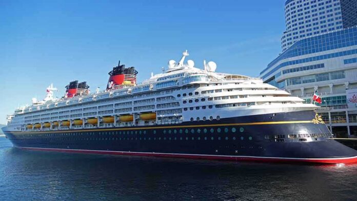 Cruise ship docked at a modern harbor terminal
