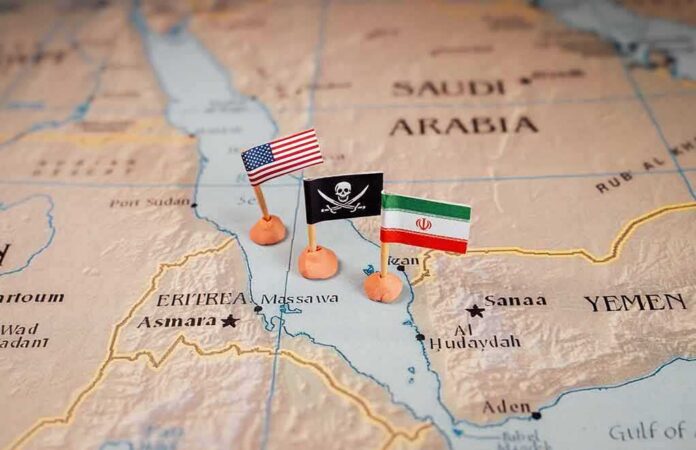 Map with US, pirate, and Iran flags near the Red Sea