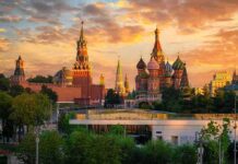 Kremlin Panic Over ‘Losing’ To Ukraine St. Basil's Cathedral and Kremlin towers at sunset